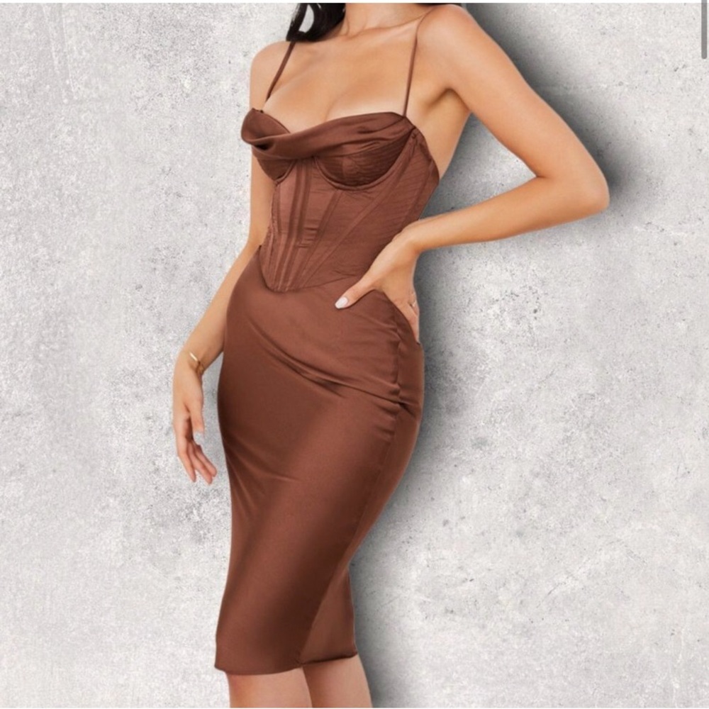 House of CB Myrna Chocolate Satin Bustier Corset Slip Dress, Size S Regular
